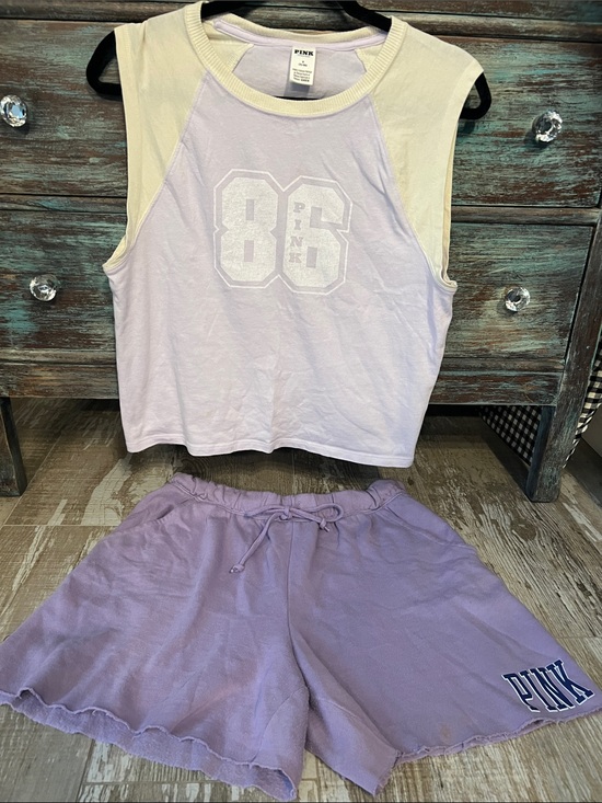 PINK Victoria's Secret Pants - EUC!VS PINK-L-2PC!Purple Boyfriend RawEdge Short/PurpleWhisper/Cream Muscle Tank